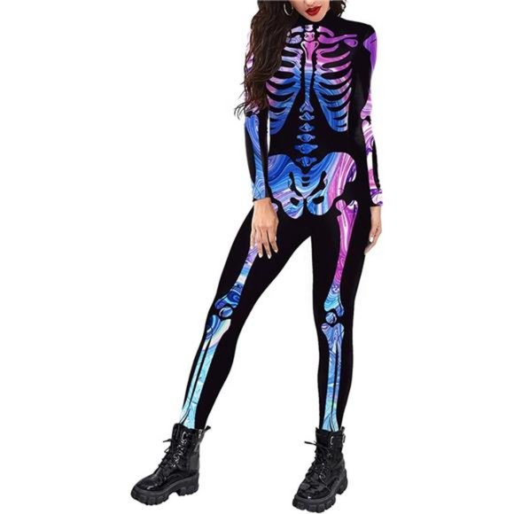 Womens Halloween Digital Skeleton‎ Tight One-piece Swimsuit Costume Zip-Back - Picture 1 of 5